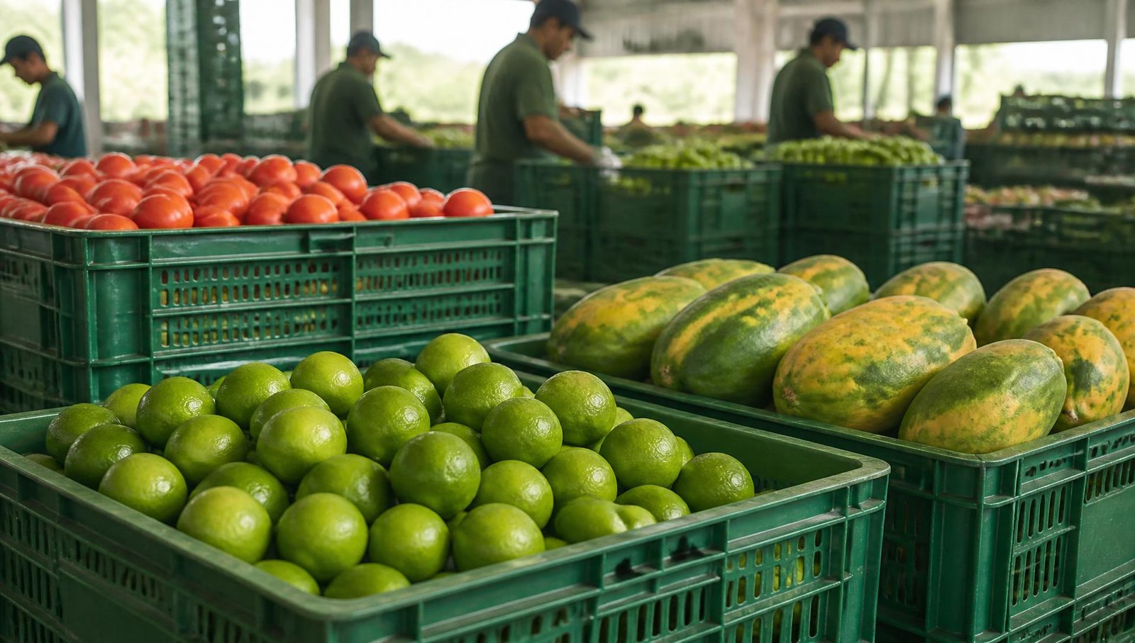 Caixas organizadas com limões, tomates e mamões frescos em um centro de distribuição de hortifruti