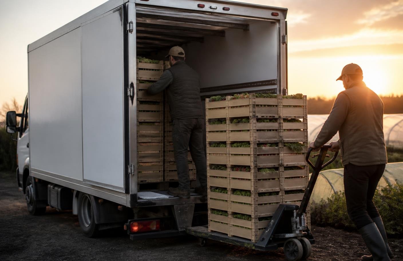 Equipe organizando caixas de hortifruti no carregamento de um caminhão